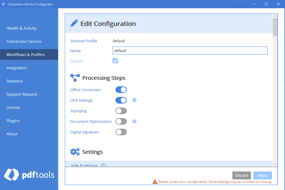 The OCR Settings processing toggle enabled.