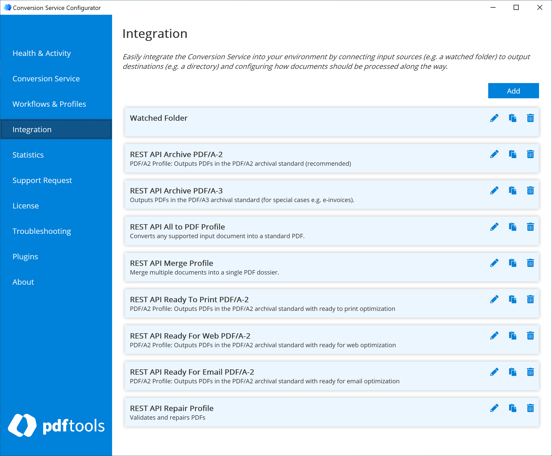 Screenshot of the Integrations tab in the Conversion Service Configurator with newly added integrations.