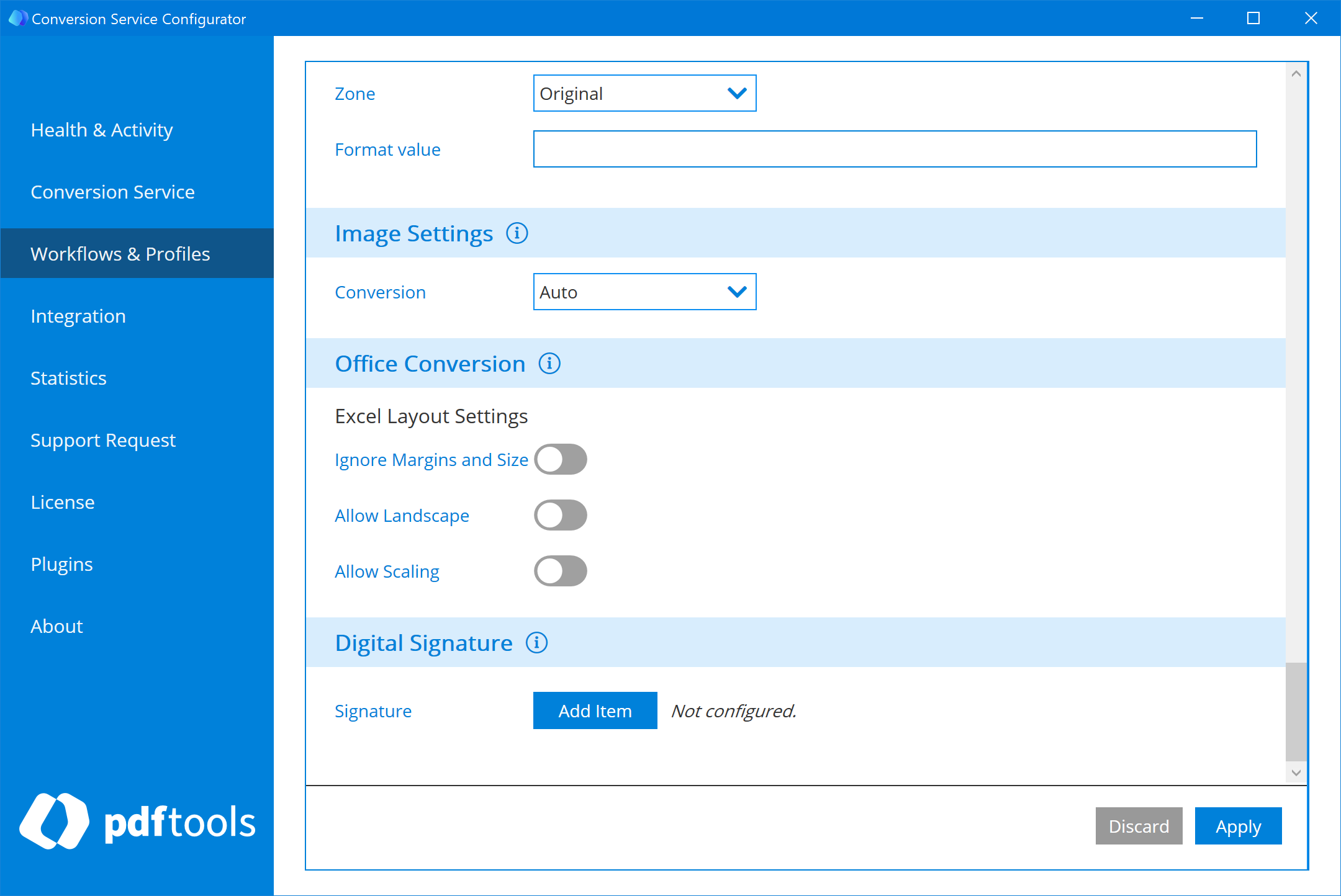 Add Digital Signature section of the Conversion Service Configurator