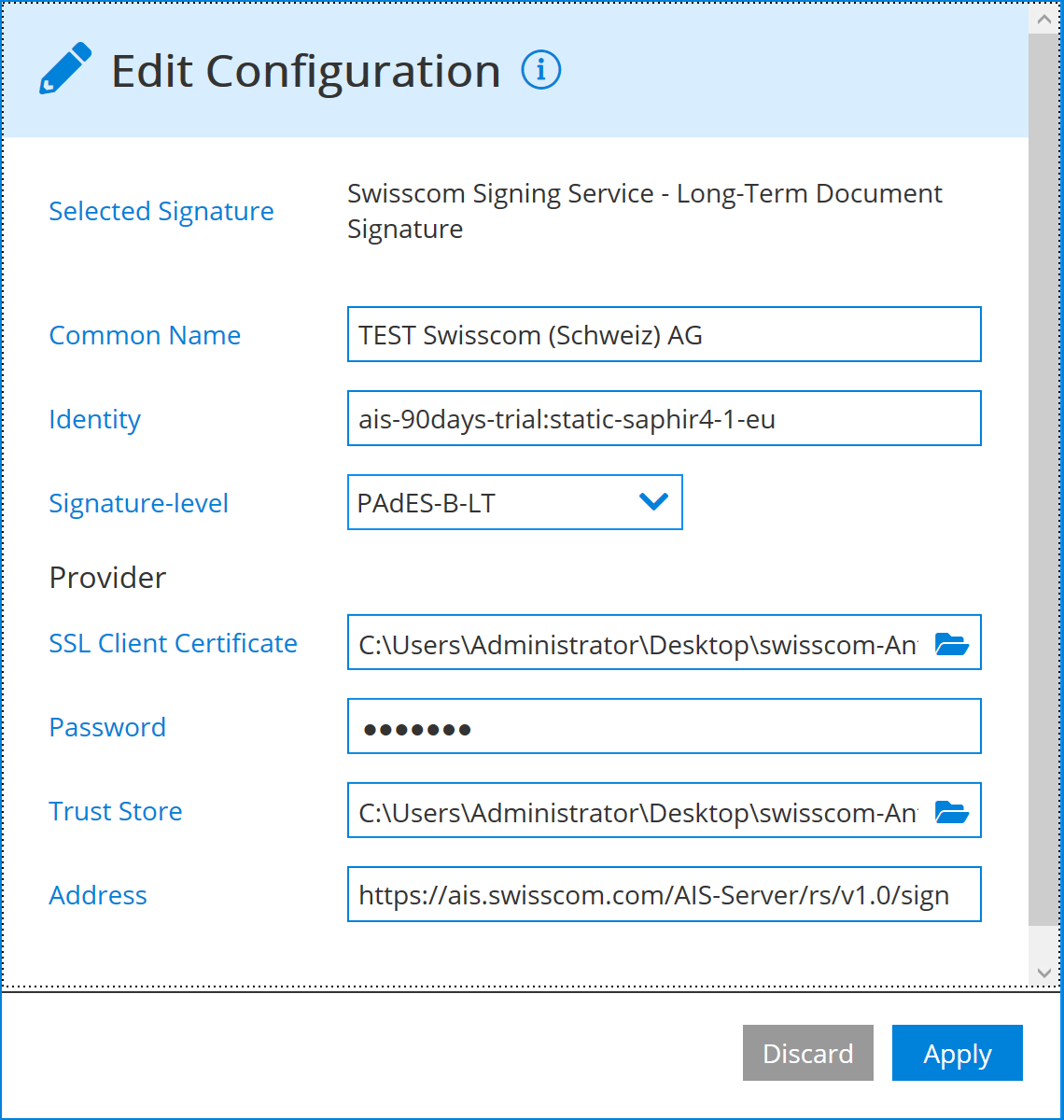 Swisscom signature configuration of PADES-B-LT/LTA