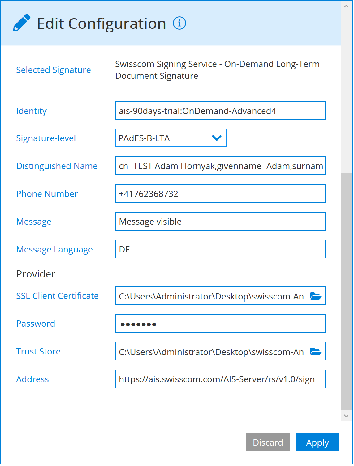 Swisscom signature configuration