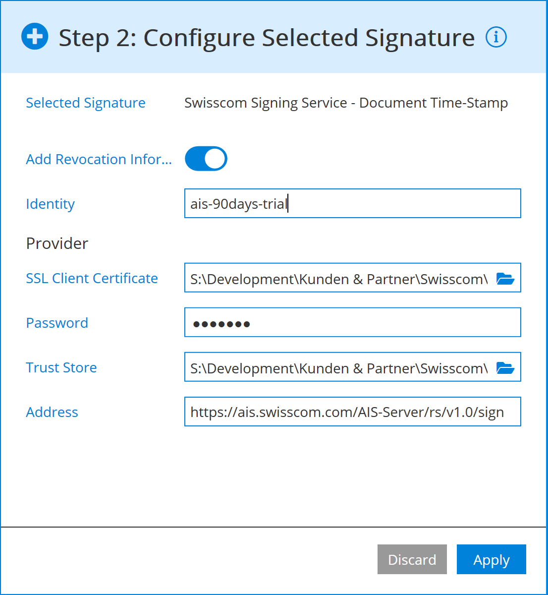 Swisscom signature configuration of PaDES-B-T