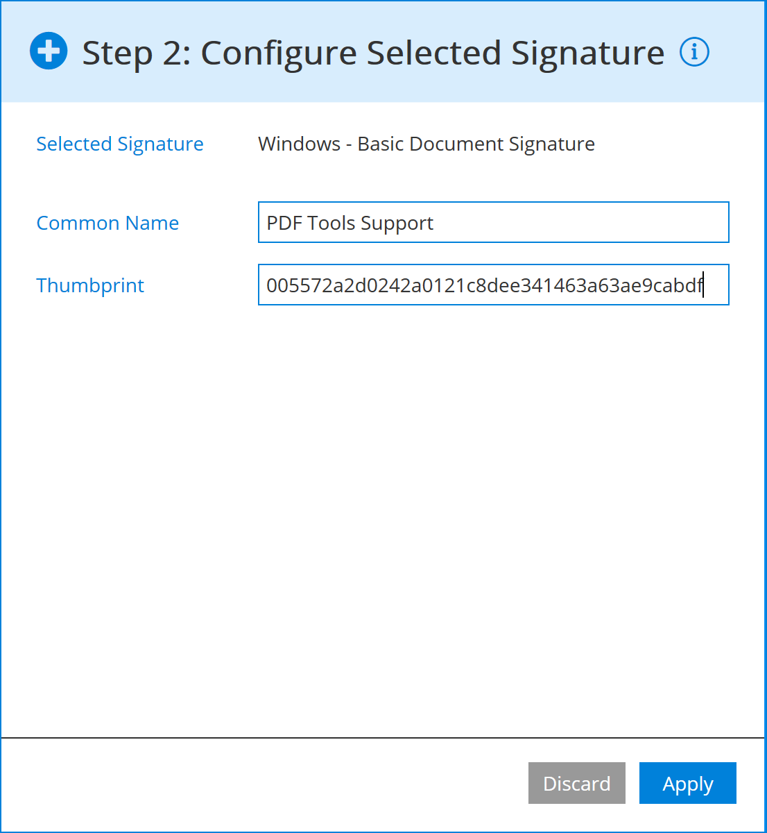 Windows signature configuration of PADES-B-B
