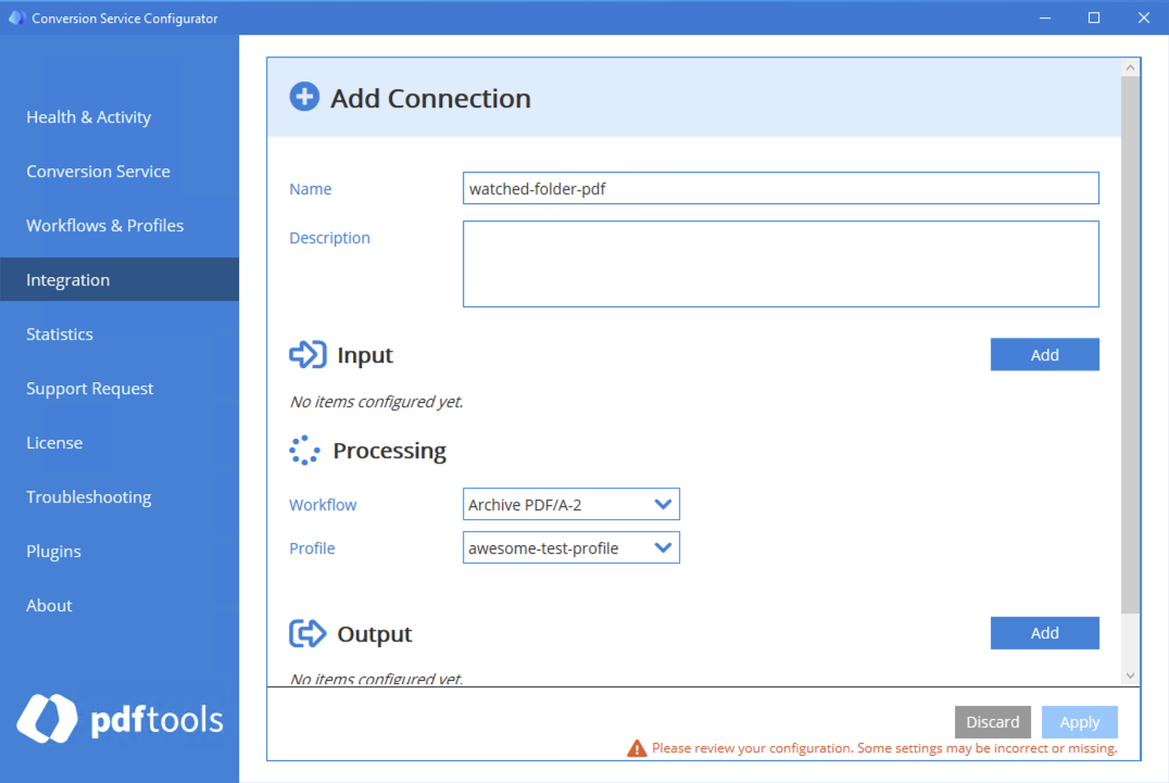 Screenshot of the watched folder integration configuration in the Configurator.