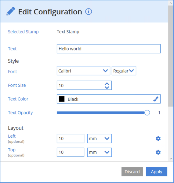 Screenshot of the Stamping layout configuration.